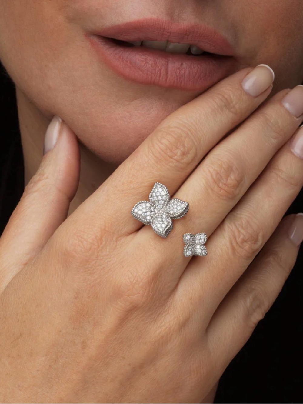 Diamond Look Pavé Floral Open Ring in Silver - Jewelry